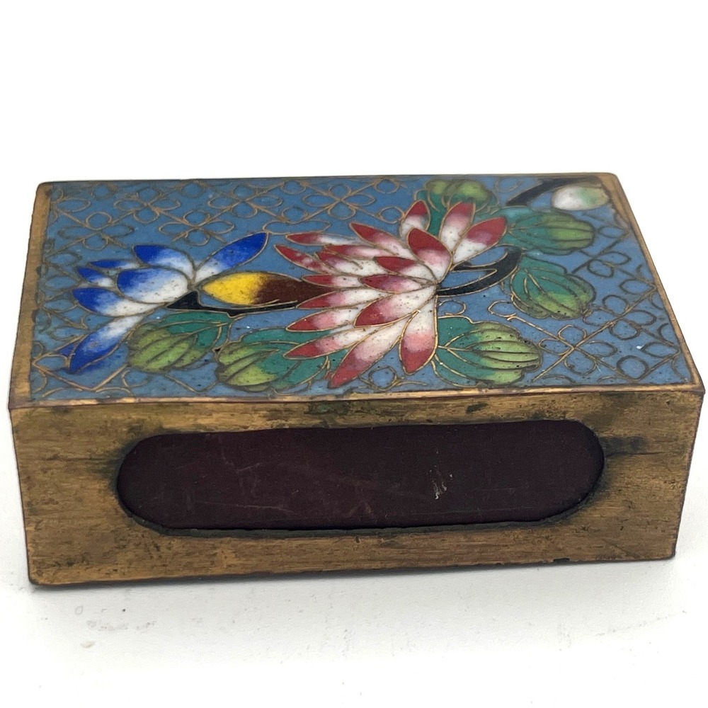 Antique Brass Matchbox Holder blue Floral Cloisonne Enamel with Coleman Matchbox